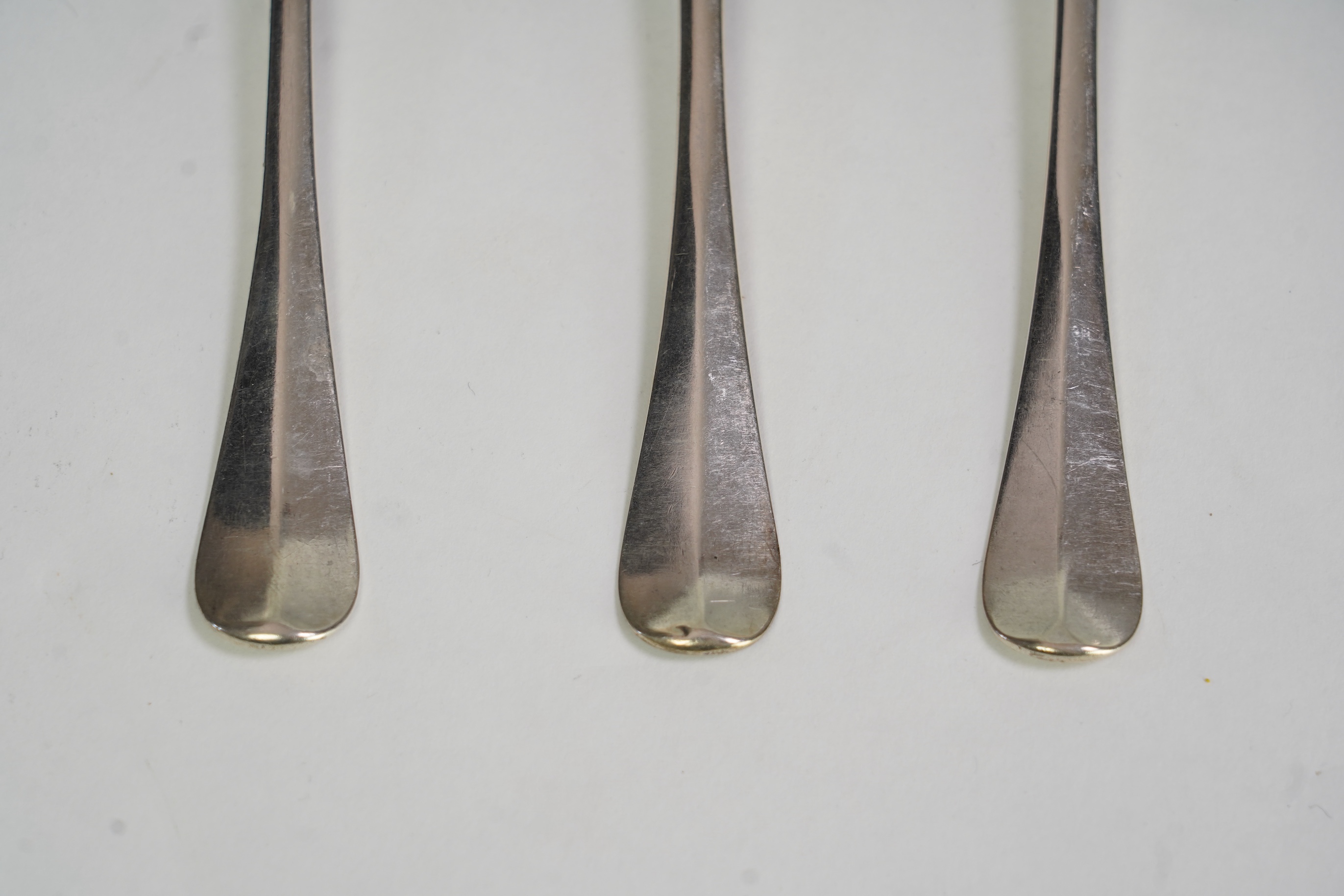 A set of six late George I silver Hanoverian rat tail table spoons, by Hugh Arnott & Edward Pocock